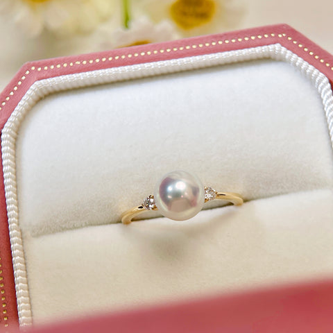 Simple and Elegant Two Diamond  Akoya Pearl Ring  18K gold
