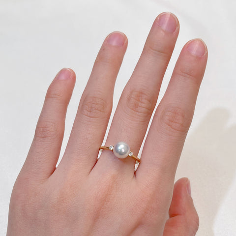 Simple and Elegant Two Diamond  Akoya Pearl Ring  18K gold