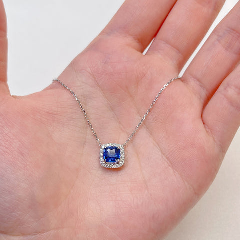 Halo Princess  Blue Sapphire necklace 18K solid gold with diamond