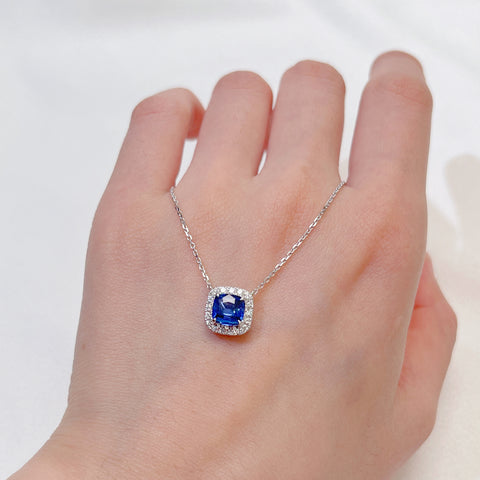 Halo Princess  Blue Sapphire necklace 18K solid gold with diamond