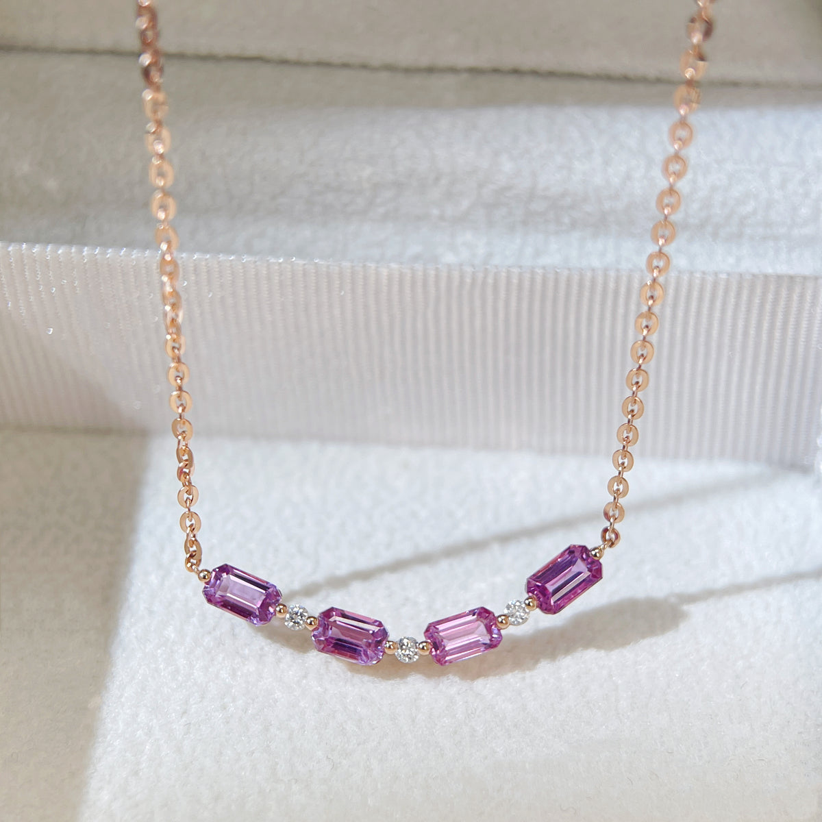 Smile Violet Pink Sapphire  Diamond Necklace 18K solid rose gold SRI LANKA With Certificated