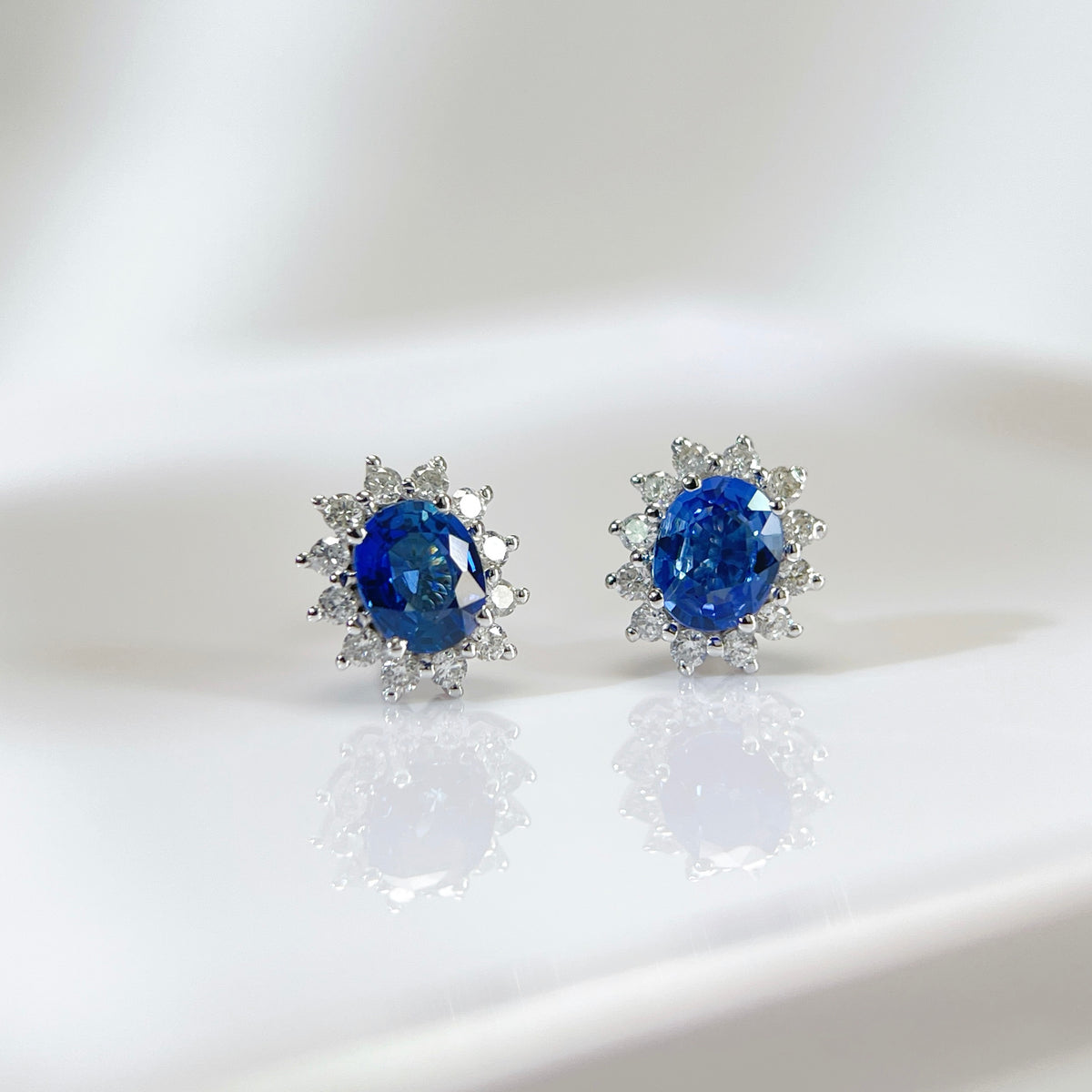 Princess Diana  Blue Sapphire Earrings 18K solid gold and Halo Diamond with Certificate