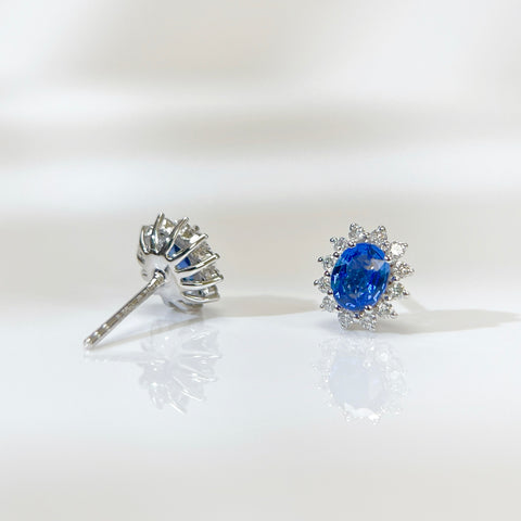 Princess Diana  Blue Sapphire Earrings 18K solid gold and Halo Diamond with Certificate