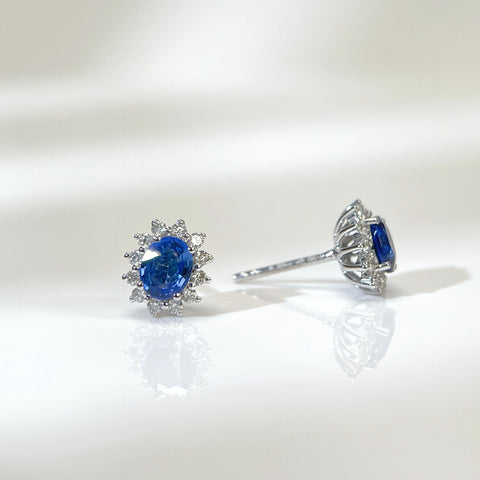 Princess Diana  Blue Sapphire Earrings 18K solid gold and Halo Diamond with Certificate