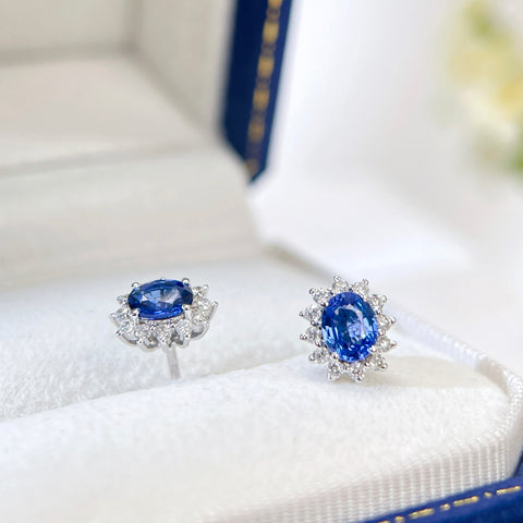 Princess Diana  Blue Sapphire Earrings 18K solid gold and Halo Diamond with Certificate