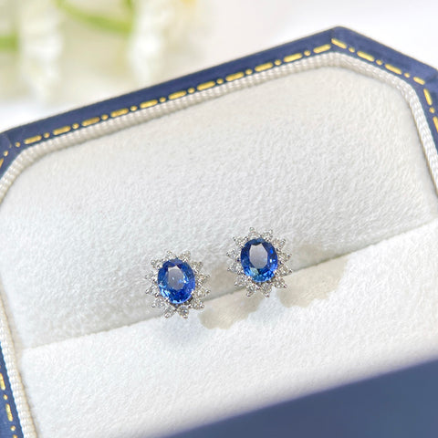 Princess Diana  Blue Sapphire Earrings 18K solid gold and Halo Diamond with Certificate