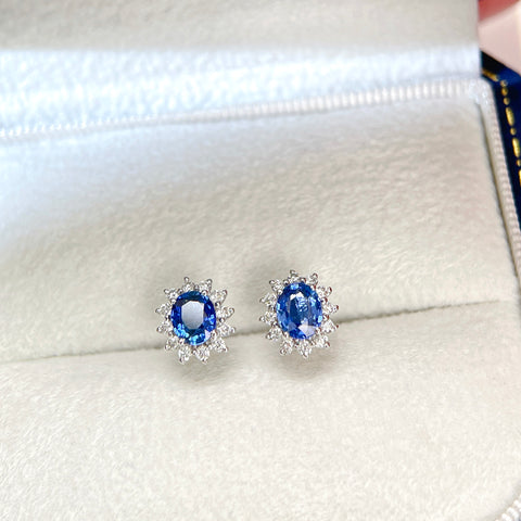 Princess Diana  Blue Sapphire Earrings 18K solid gold and Halo Diamond with Certificate