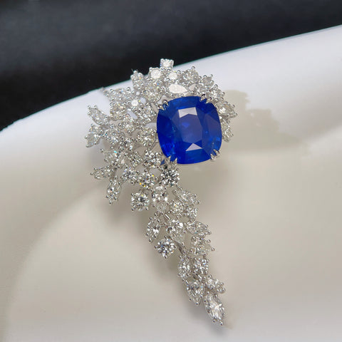 Luxury Natural Blue Sapphire Brooch Pendant 8ct and 5CT Diamond 18K solid gold with AIGS Cornflower Blue Certificate