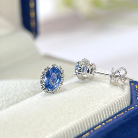 Oval Halo Blue Sapphire Earrings 18K solid gold and Diamond with Certificate