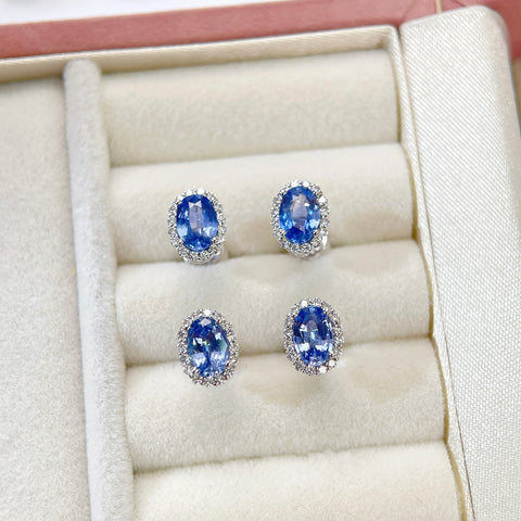 Oval Halo Blue Sapphire Earrings 18K solid gold and Diamond with Certificate