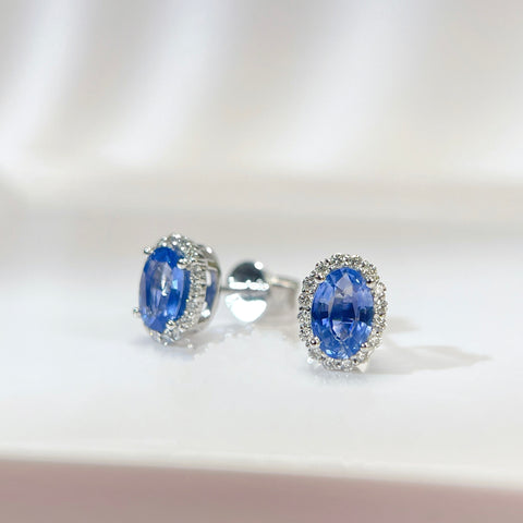 Oval Halo Blue Sapphire Earrings 18K solid gold and Diamond with Certificate