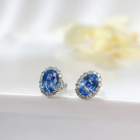 Oval Halo Blue Sapphire Earrings 18K solid gold and Diamond with Certificate