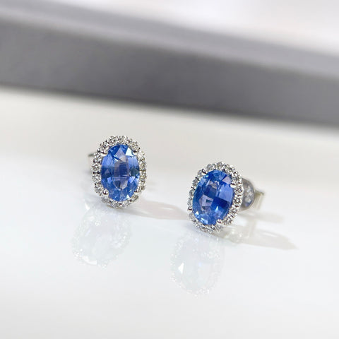 Oval Halo Blue Sapphire Earrings 18K solid gold and Diamond with Certificate