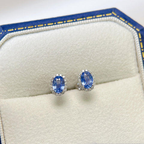 Oval Halo Blue Sapphire Earrings 18K solid gold and Diamond with Certificate