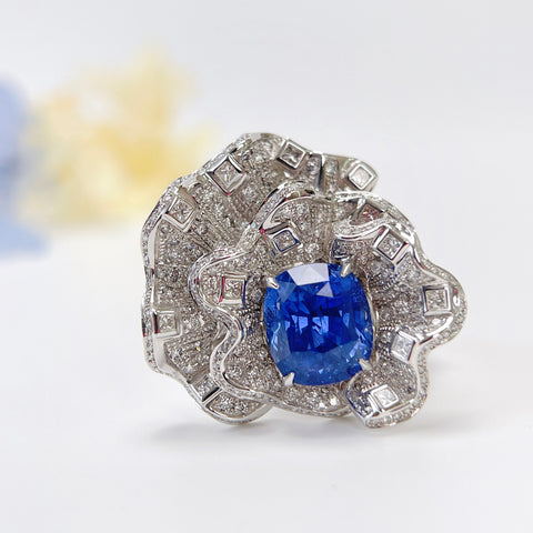 Unheated 6.61 Carat Cushion Blue Sapphire Luxury Dress Ring In 18K solid gold with Guild Certificate