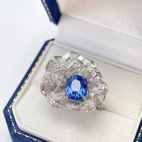 Unheated 6.61 Carat Cushion Blue Sapphire Luxury Dress Ring In 18K solid gold with Guild Certificate