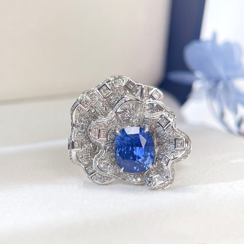 Unheated 6.61 Carat Cushion Blue Sapphire Luxury Dress Ring In 18K solid gold with Guild Certificate