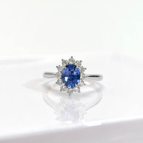 Diana  Blue Sapphire Ring 1 Carat Halo Diamond Setting 18K Solid Gold With Certificate