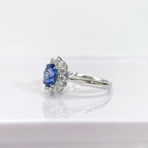 Diana  Blue Sapphire Ring 1 Carat Halo Diamond Setting 18K Solid Gold With Certificate