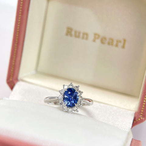 Diana Royal Blue Sapphire Ring 1.55 Carat Halo Diamond Setting 18K Solid Gold With Certificate