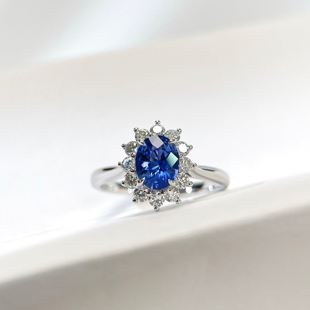 Diana Royal Blue Sapphire Ring 1.55 Carat Halo Diamond Setting 18K Solid Gold With Certificate