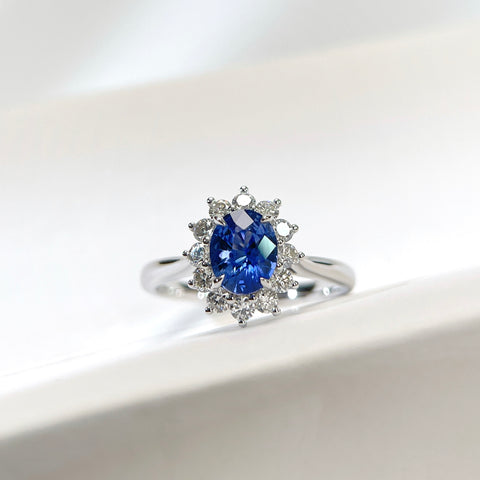 Diana Royal Blue Sapphire Ring 1.55 Carat Halo Diamond Setting 18K Solid Gold With Certificate