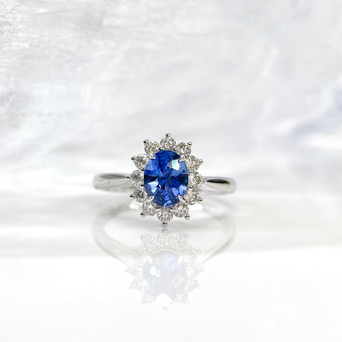 Diana Royal Blue Sapphire Ring 1.55 Carat Halo Diamond Setting 18K Solid Gold With Certificate