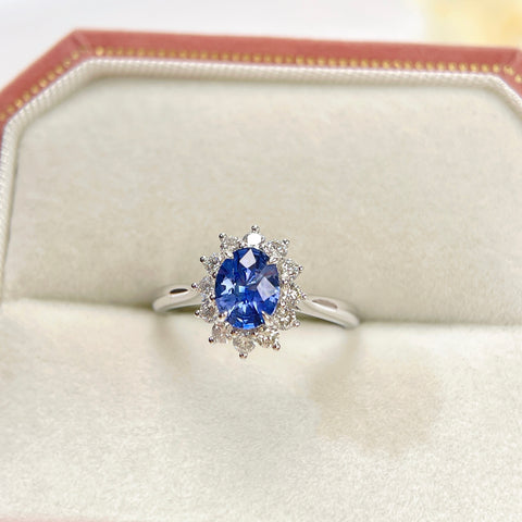 Diana  Blue Sapphire Ring 1 Carat Halo Diamond Setting 18K Solid Gold With Certificate