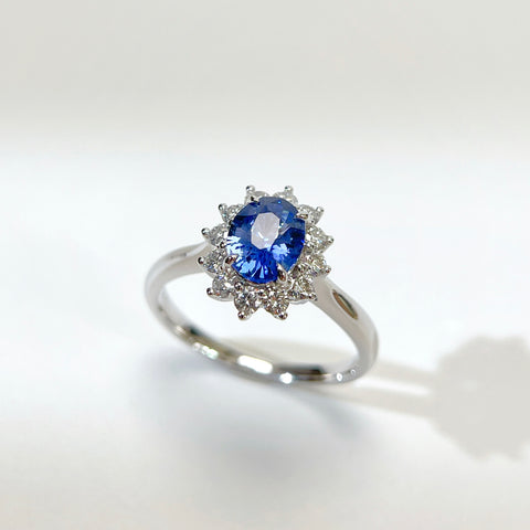 Diana  Blue Sapphire Ring 1 Carat Halo Diamond Setting 18K Solid Gold With Certificate