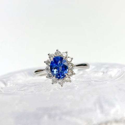 Diana Royal Blue Sapphire Ring 1.55 Carat Halo Diamond Setting 18K Solid Gold With Certificate