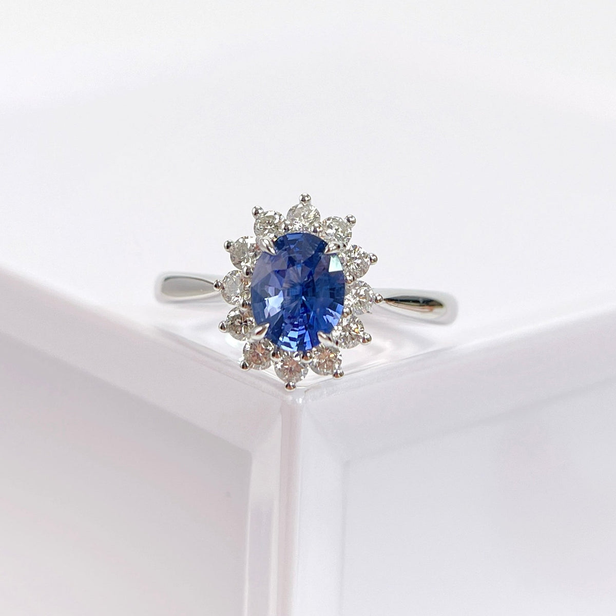 Diana  Blue Sapphire Ring 1 Carat Halo Diamond Setting 18K Solid Gold With Certificate