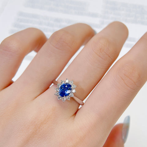 Diana Royal Blue Sapphire Ring 1.55 Carat Halo Diamond Setting 18K Solid Gold With Certificate