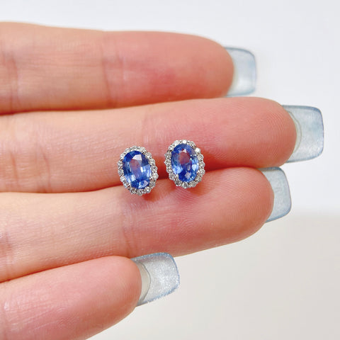 Oval Halo Blue Sapphire Earrings 18K solid gold and Diamond with Certificate