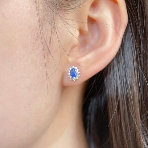 Princess Diana  Blue Sapphire Earrings 18K solid gold and Halo Diamond with Certificate