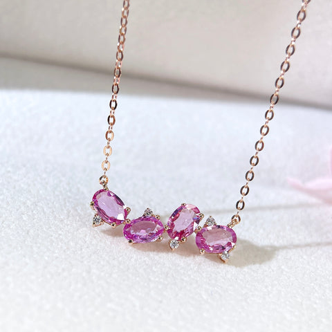 Natural Four Stone Pink Sapphire necklace 18K solid gold with Certificate