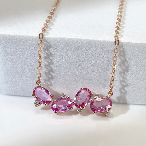 Natural Four Stone Pink Sapphire necklace 18K solid gold with Certificate