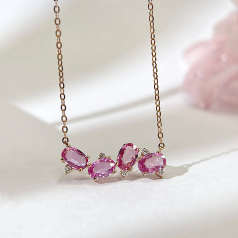 Natural Four Stone Pink Sapphire necklace 18K solid gold with Certificate