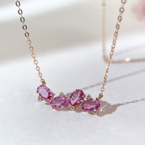 Natural Four Stone Pink Sapphire necklace 18K solid gold with Certificate