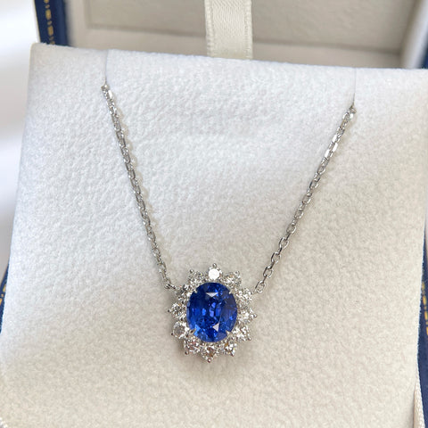 2.78 Carat Blue Sapphire Diana Necklace Pendant Halo Diamond Setting 18K Solid Gold With AIGS Certificate