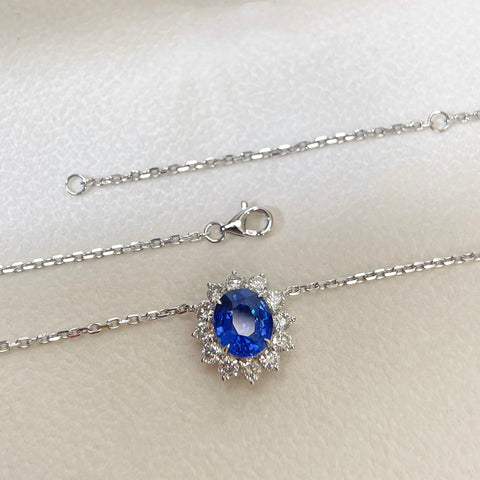 2.78 Carat Blue Sapphire Diana Necklace Pendant Halo Diamond Setting 18K Solid Gold With AIGS Certificate