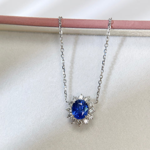 2.78 Carat Blue Sapphire Diana Necklace Pendant Halo Diamond Setting 18K Solid Gold With AIGS Certificate