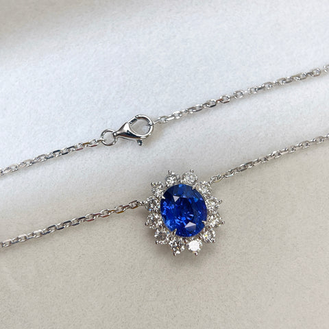 2.78 Carat Blue Sapphire Diana Necklace Pendant Halo Diamond Setting 18K Solid Gold With AIGS Certificate