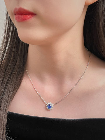 2.78 Carat Blue Sapphire Diana Necklace Pendant Halo Diamond Setting 18K Solid Gold With AIGS Certificate