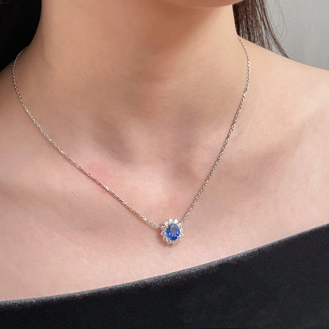 2.78 Carat Blue Sapphire Diana Necklace Pendant Halo Diamond Setting 18K Solid Gold With AIGS Certificate