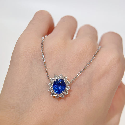 2.78 Carat Blue Sapphire Diana Necklace Pendant Halo Diamond Setting 18K Solid Gold With AIGS Certificate