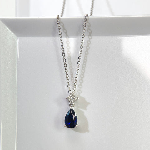 1 Carat Pear Blue Sapphire Pendant With Princess Diamond 18K Solid Gold With Certificate