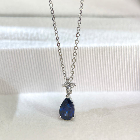 1 Carat Pear Blue Sapphire Pendant With Princess Diamond 18K Solid Gold With Certificate