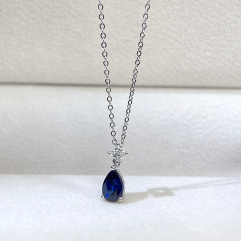 1 Carat Pear Blue Sapphire Pendant With Princess Diamond 18K Solid Gold With Certificate