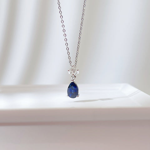 1 Carat Pear Blue Sapphire Pendant With Princess Diamond 18K Solid Gold With Certificate