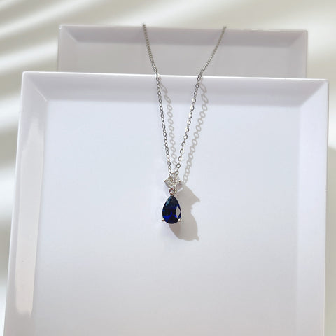 1 Carat Pear Blue Sapphire Pendant With Princess Diamond 18K Solid Gold With Certificate